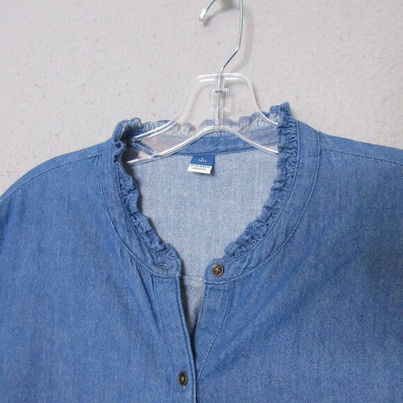 Old Navy Top Women Large Tall Blue Chambray Cotton Button Up Ruffle‎ Collar - Picture 2 of 12